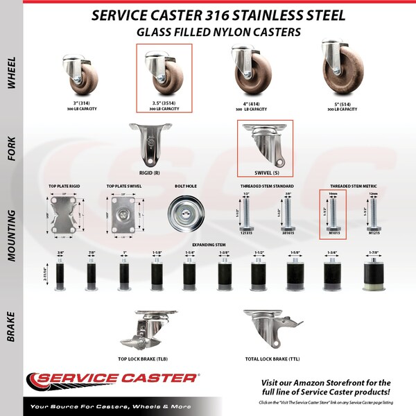 Service Caster 3.5 Inch 316SS High Temp Glass Filled Nylon 10mm Threaded Stem Caster Set SCC-SS316TS20S3514-GFNSHT-M1015-4 - main